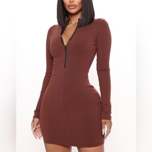 Fashion Nova Brown Ribbed Long-Sleeve Zip Front Bodycon Dress